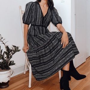 Black Striped Button-Front Tiered Midi Dress